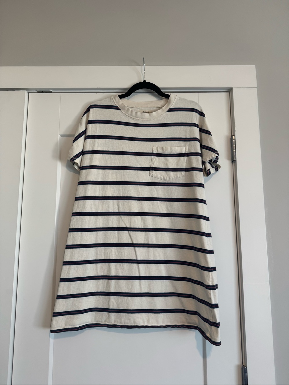 Madewell Tee Shirt Dress with Navy and Red Stripe Detail